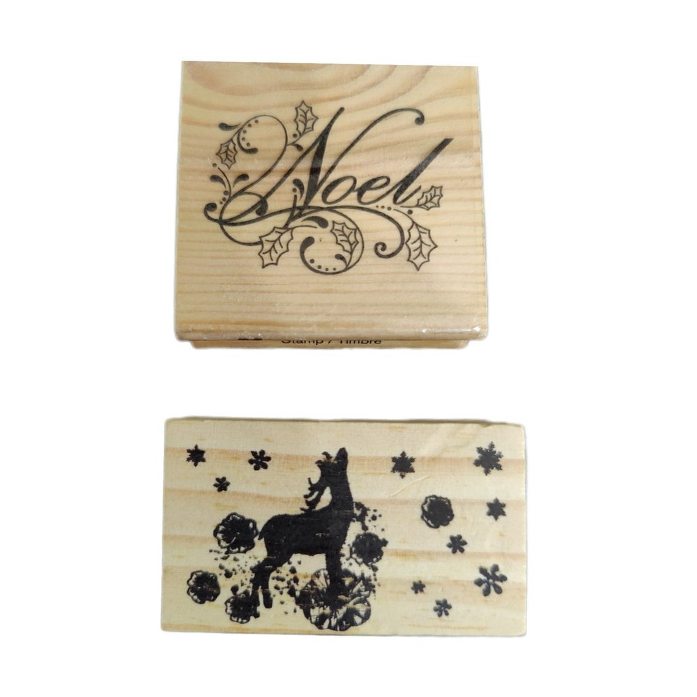 Set of 2 Christmas Themed Rubber Ink Stamps Noel & Reindeer Snowflakes